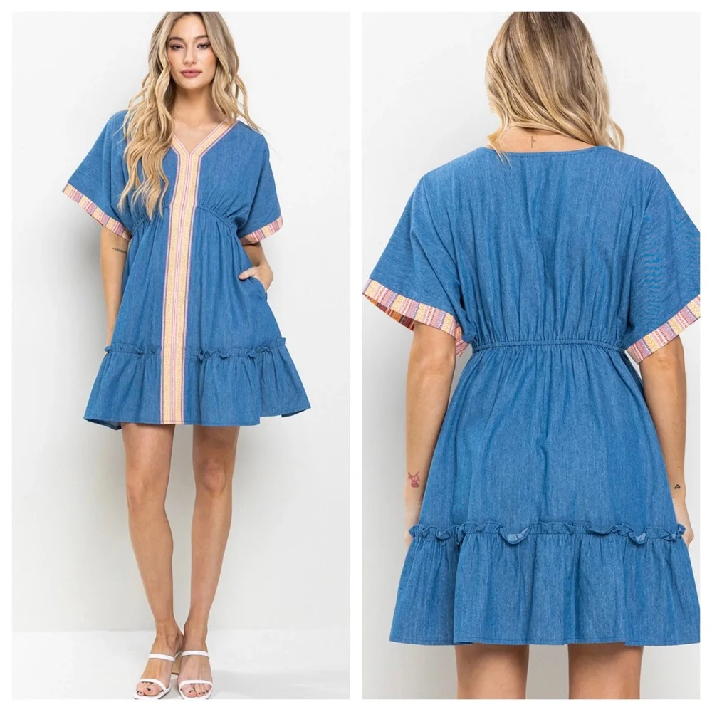20 Boho Contrast Denim Shirring Detailed Tiered Dress - Picture 3 of 5